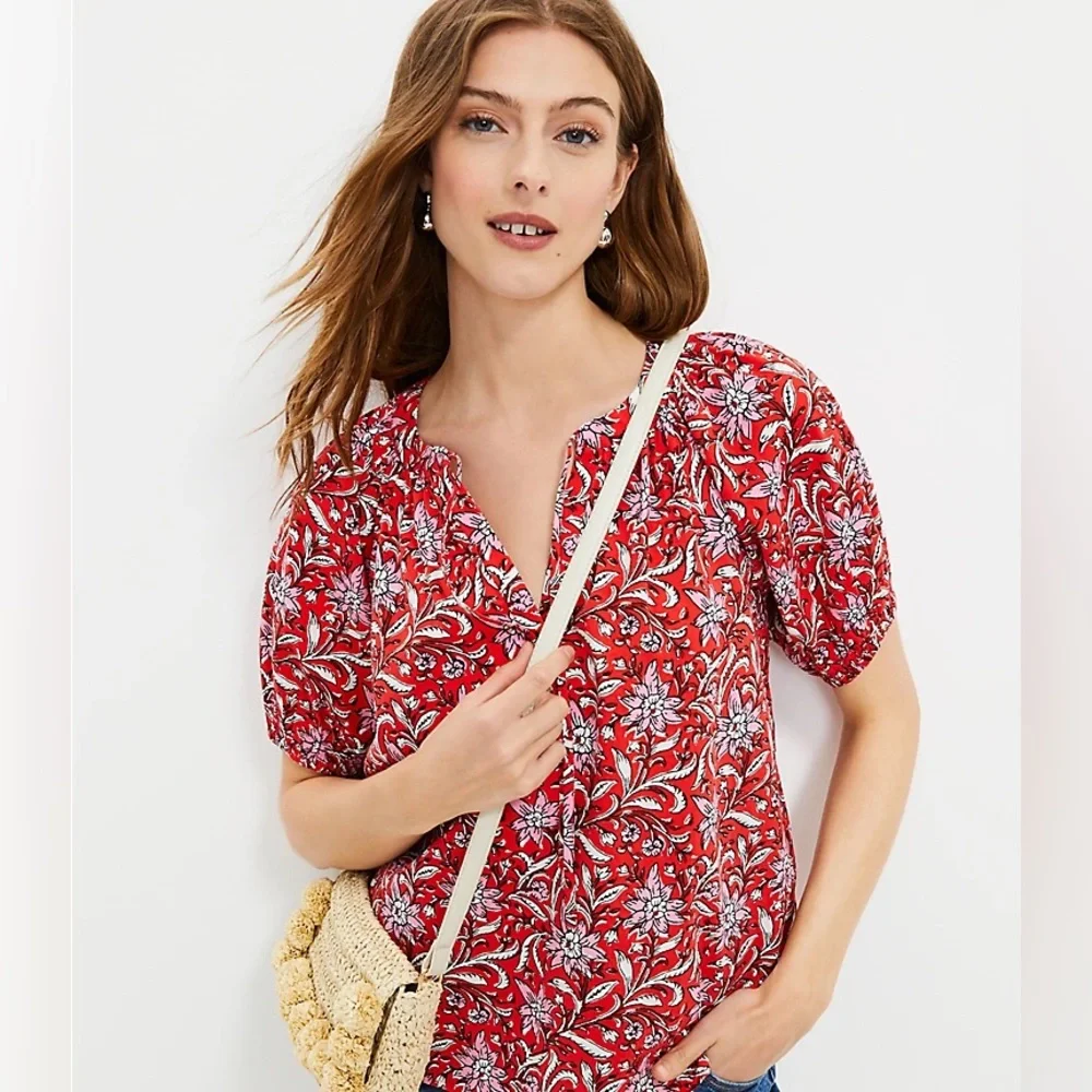 LOFT Spring Bloom Tie Neck Puff Sleeve Floral Puff Sleeve Peasant Top Size M